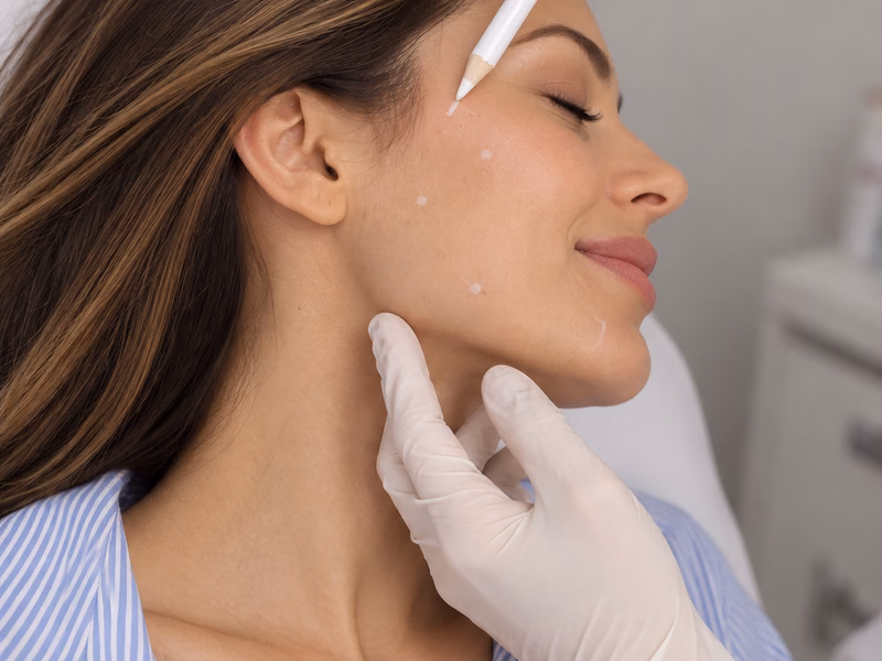 A practitioner marking a client’s face before a filler treatment